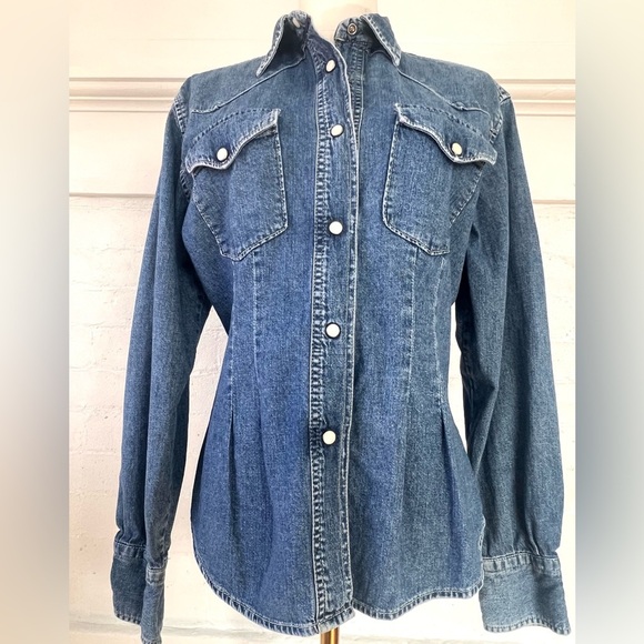 Replay Fitted Denim Pearl Snap Shirt Medium Wash Coastal Cowgirl Western Shacket - Picture 10 of 15